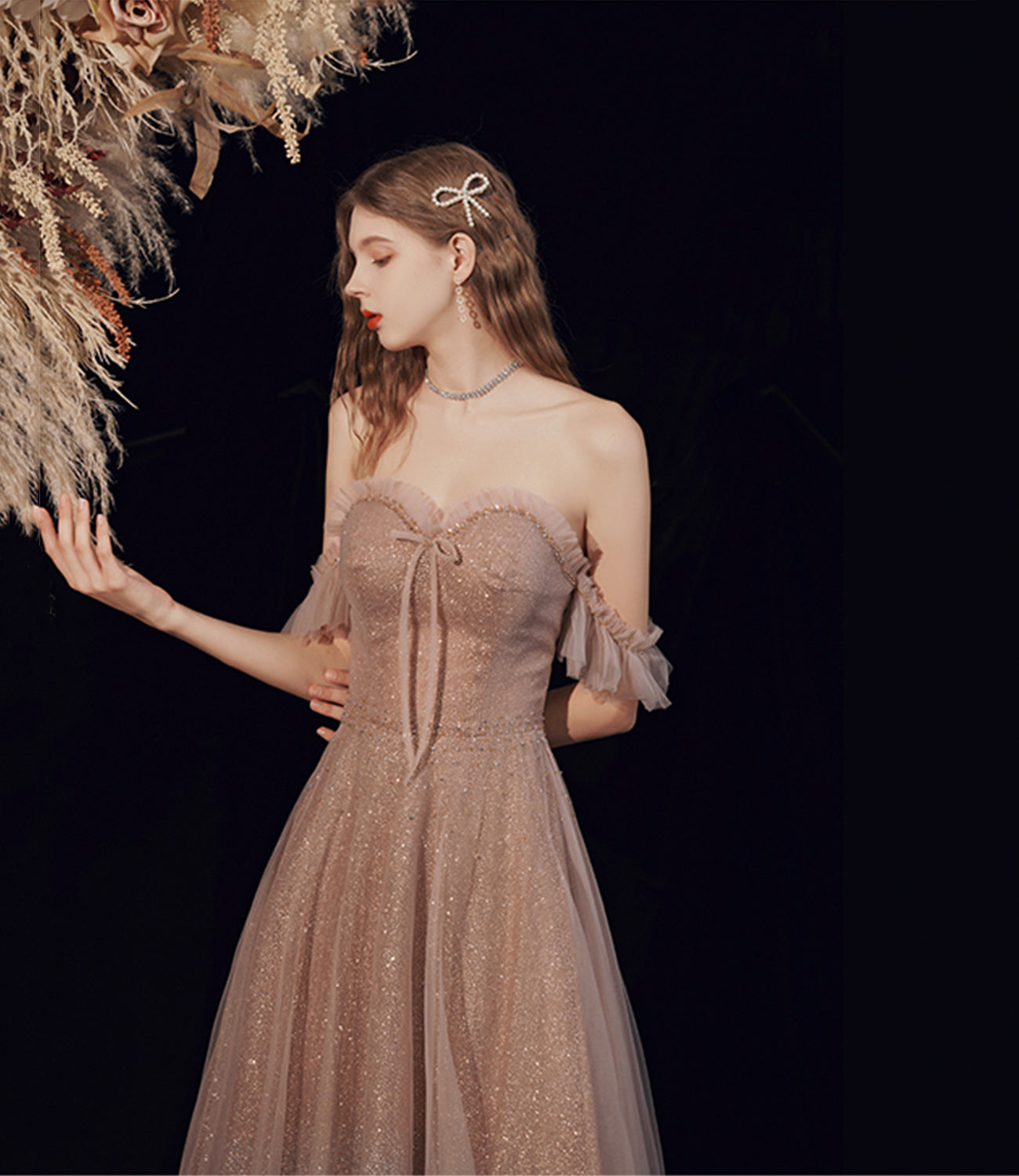 Shiny tulle sequins long prom dress A line evening dress  10378