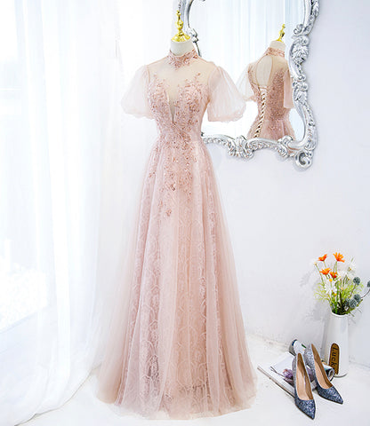 Pink tulle beads long prom dress A line evening dress  10400