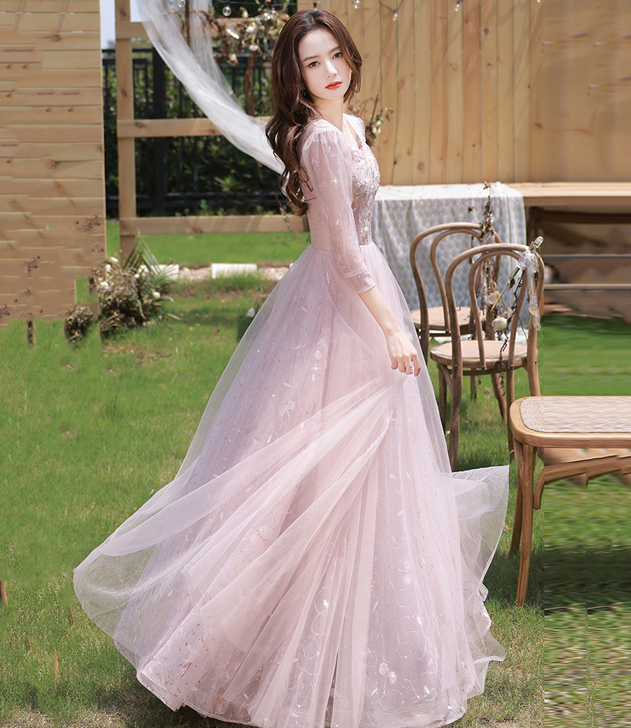 Pink tulle sequins long prom dress evening dress  10362