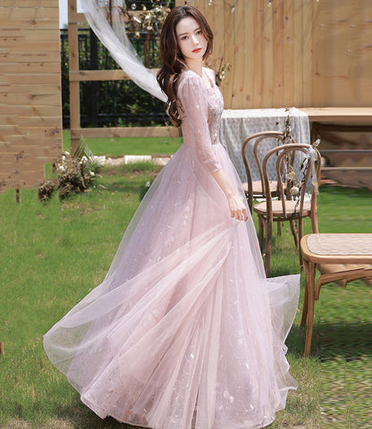 Pink tulle sequins long prom dress evening dress  10362