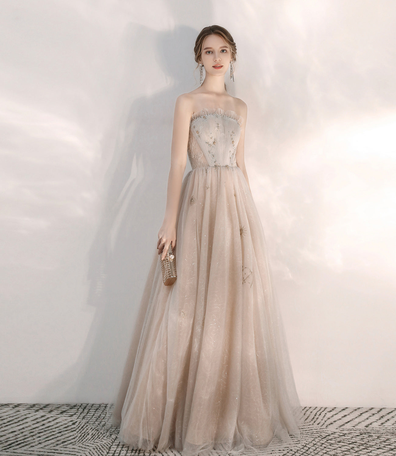 Champagne tulle sequins long prom dress evening dress  10375