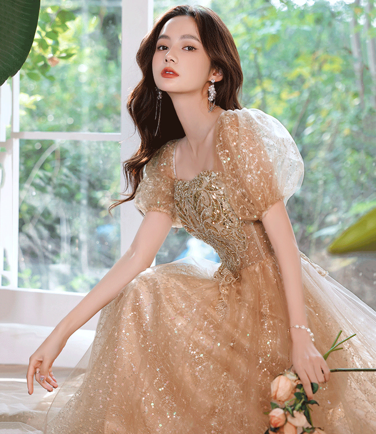 Shiny tulle sequins long prom dress A line evening dress  10389