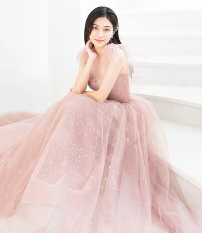 Pink tulle long prom dress A line evening dress  10421
