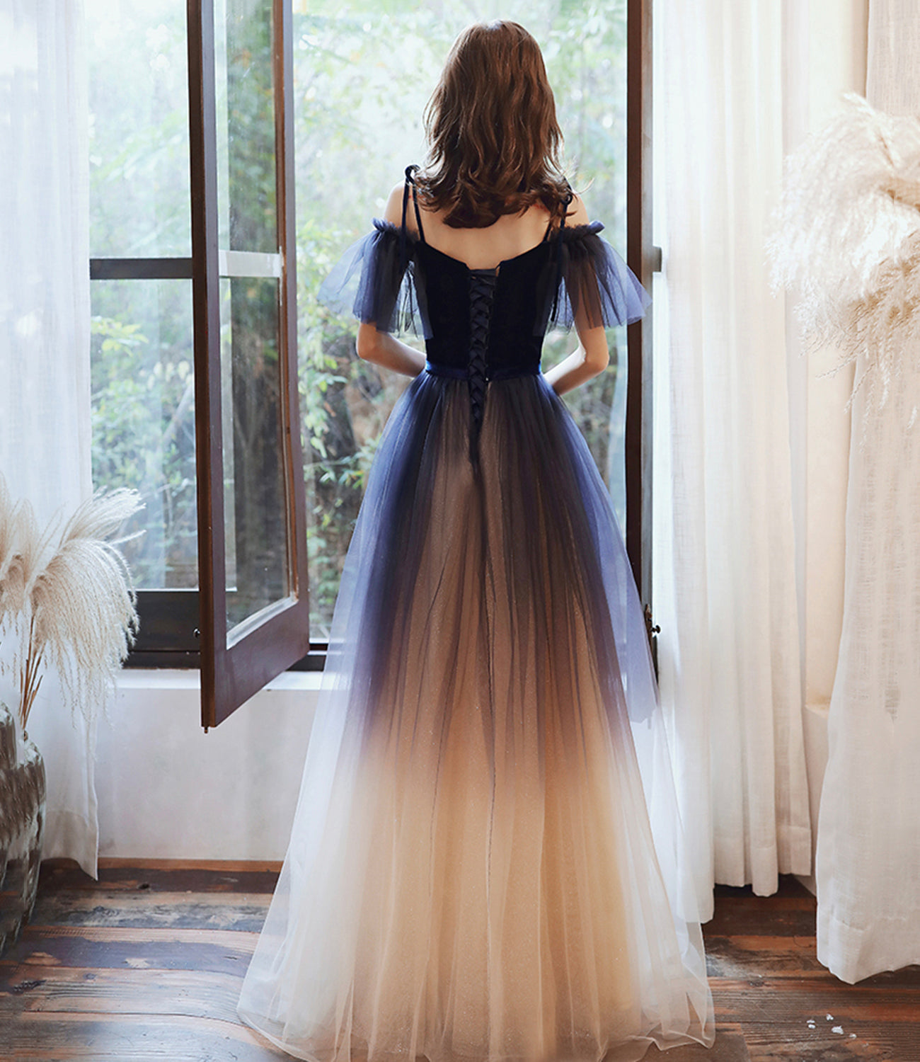Blue velvet tulle long prom dress A line evening dress  10365