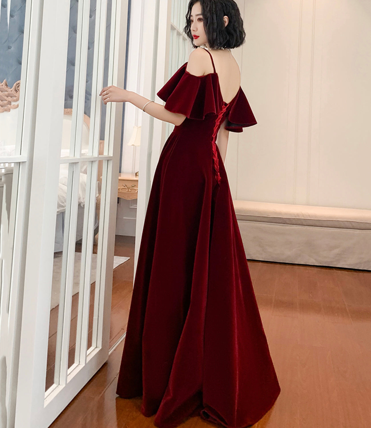 Burgundy velvet long prom dress A line evening dress  10371