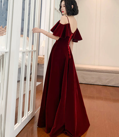 Burgundy velvet long prom dress A line evening dress  10371