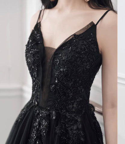 Black tulle sequins long prom dress evening dress  10391