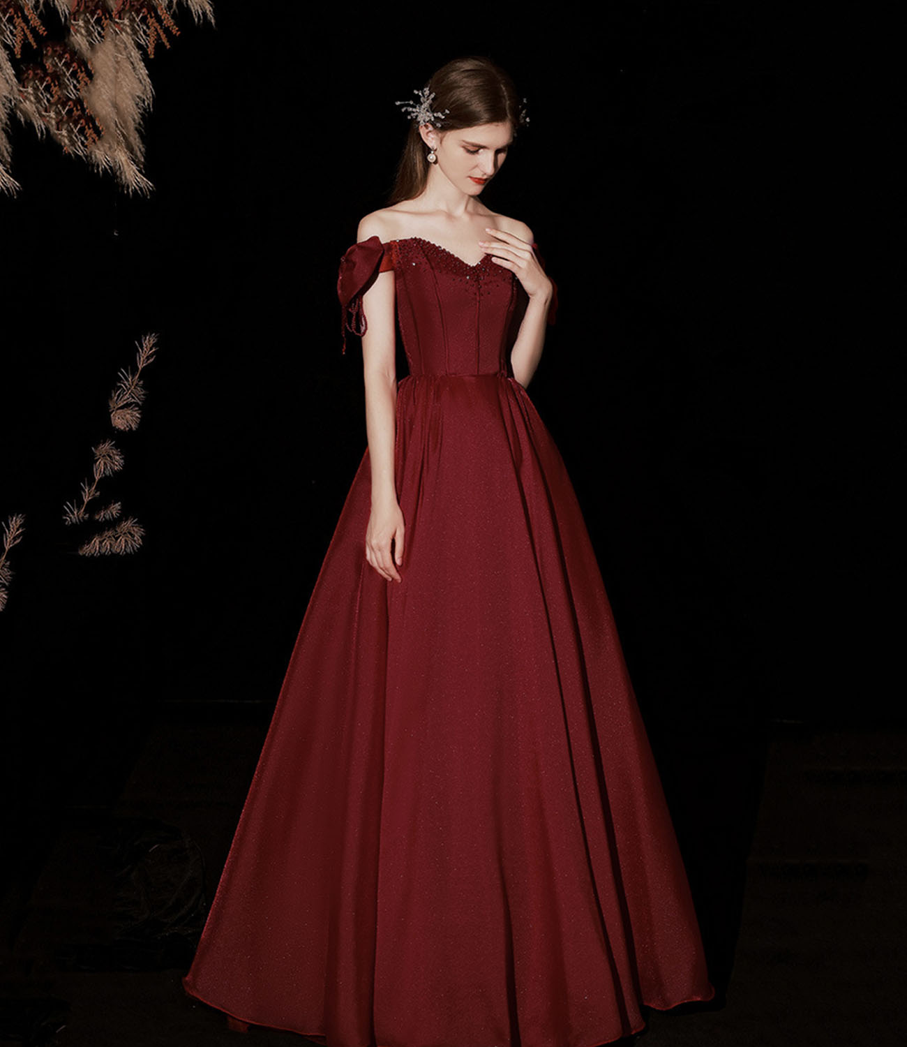 Burgundy satin long prom dress A line evening dress  10316