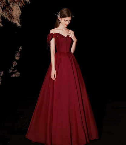 Burgundy satin long prom dress A line evening dress  10316
