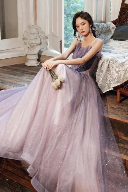 Purple tulle sequins long prom dress evening dress  10624
