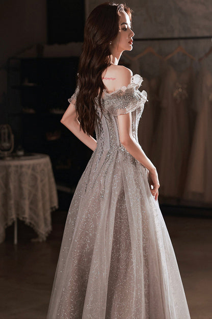 Gray tulle sequins long prom dress A line evening dress  10627