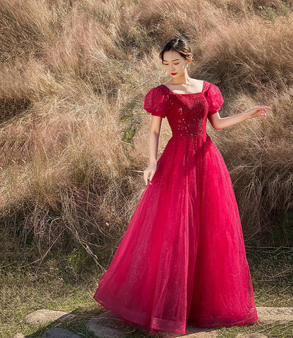 Red tulle beads long prom dress A line evening gown  10303