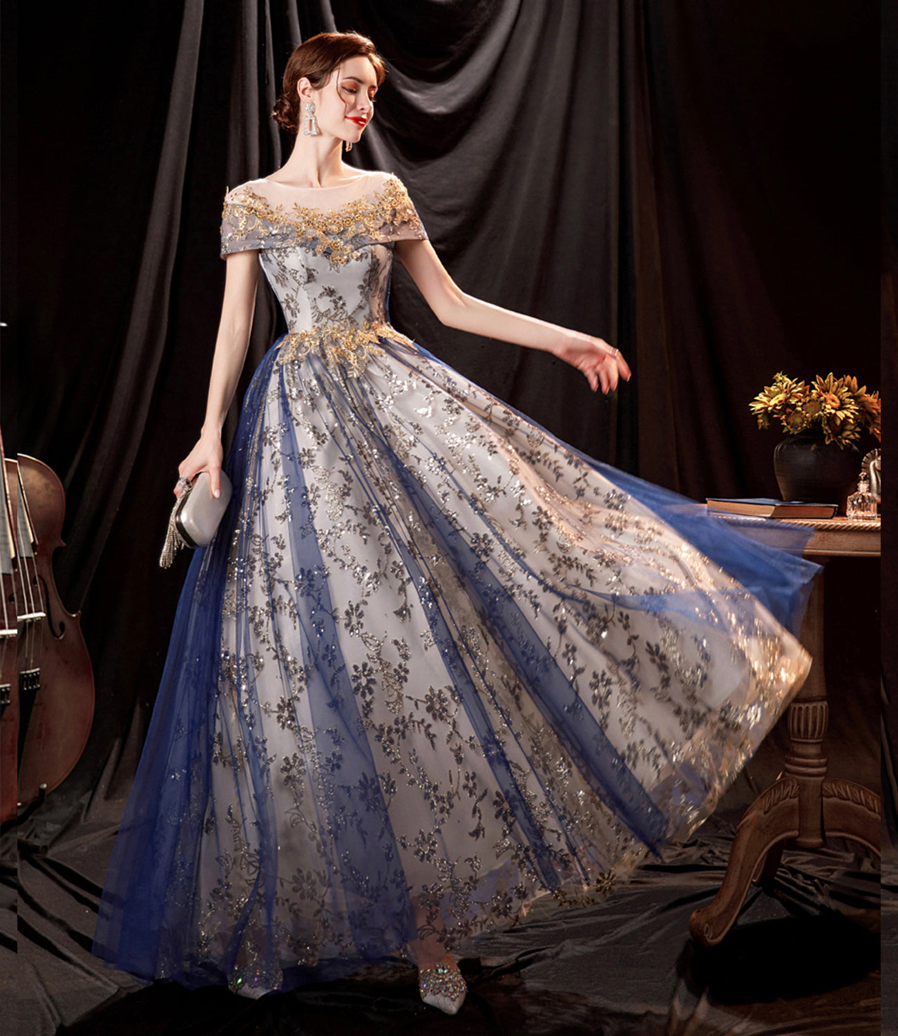 Blue tulle sequins long prom dress evening gown  10361