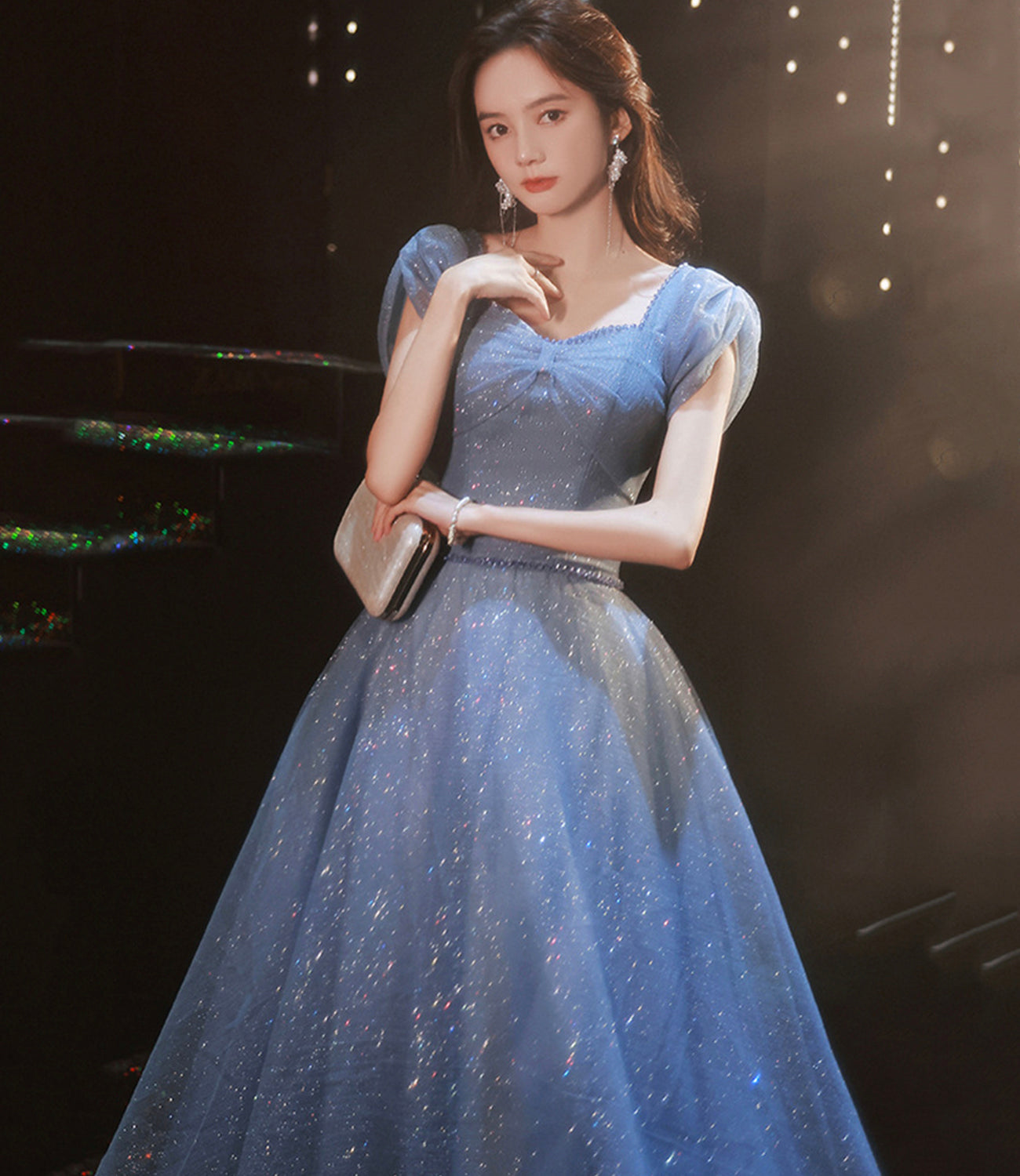 Blue tulle sequins long prom dress evening gown  10310