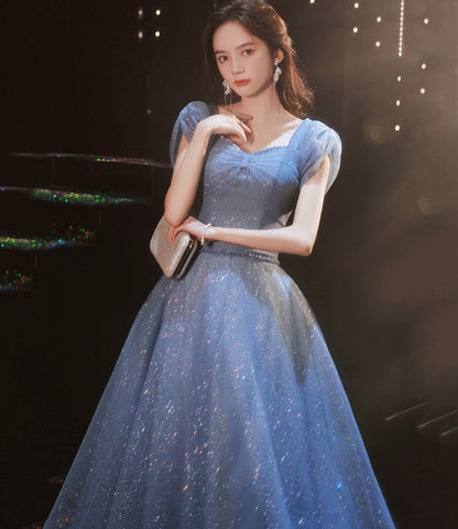Blue tulle sequins long prom dress evening gown  10310
