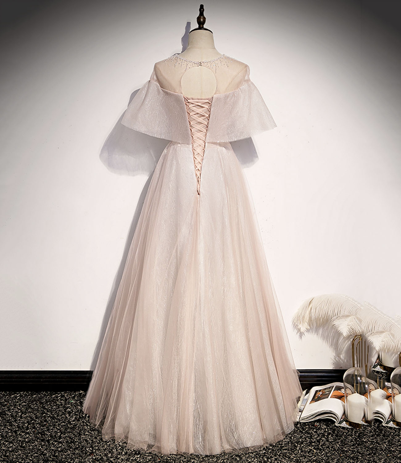 Pink tulle long prom dress A line evening gown  10331