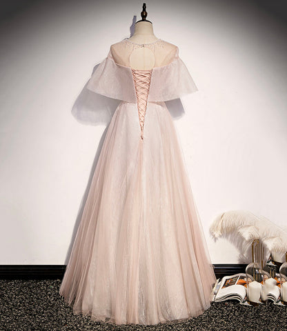 Pink tulle long prom dress A line evening gown  10331