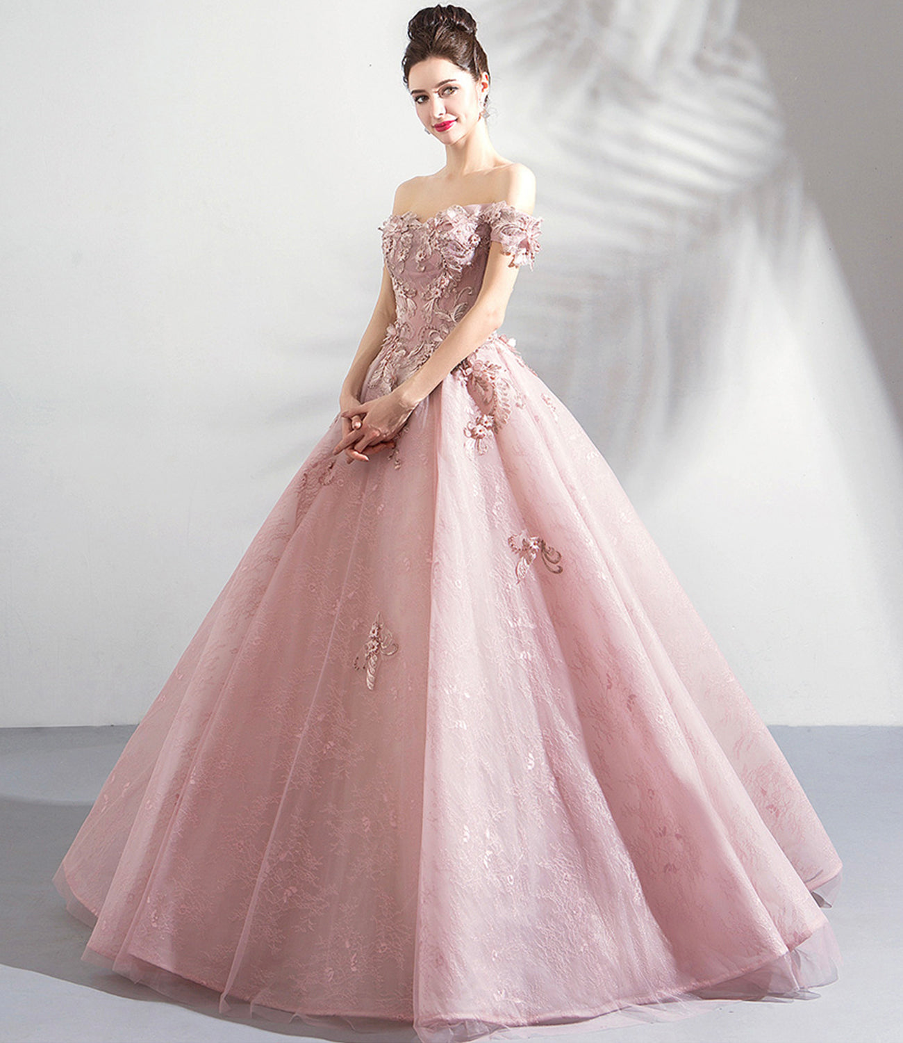 Pink tulle lace long prom dress A line evening gown  10359