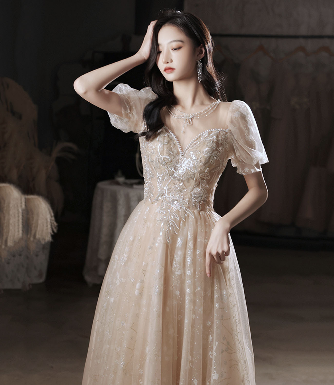 Champagne tulle sequins long prom dress evening dress  10325