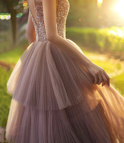 Stylish tulle beads long prom dress A line evening dress  10326
