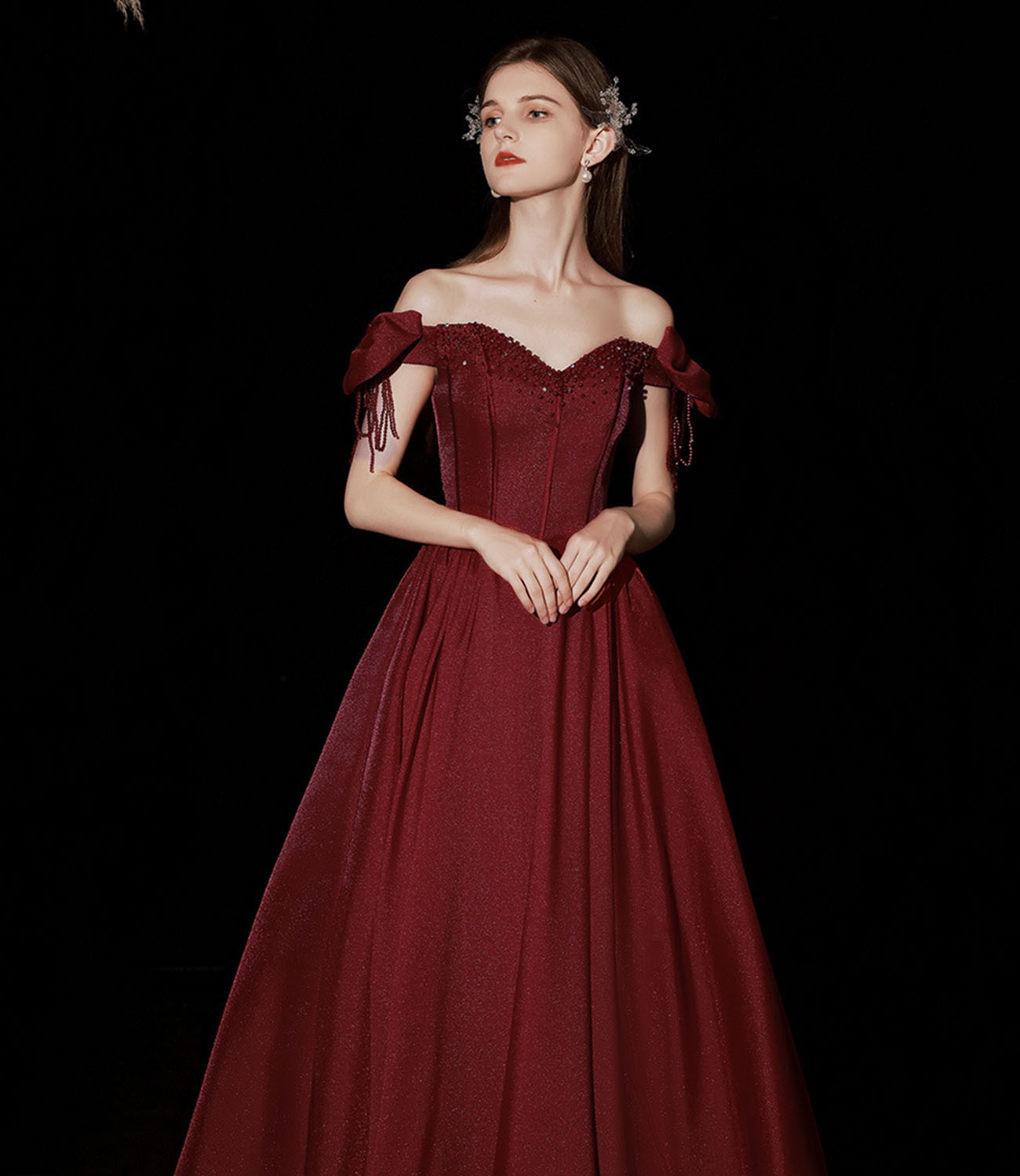 Burgundy satin long prom dress A line evening dress  10316