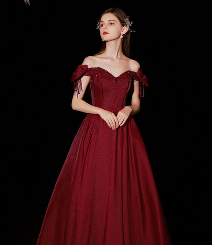 Burgundy satin long prom dress A line evening dress  10316