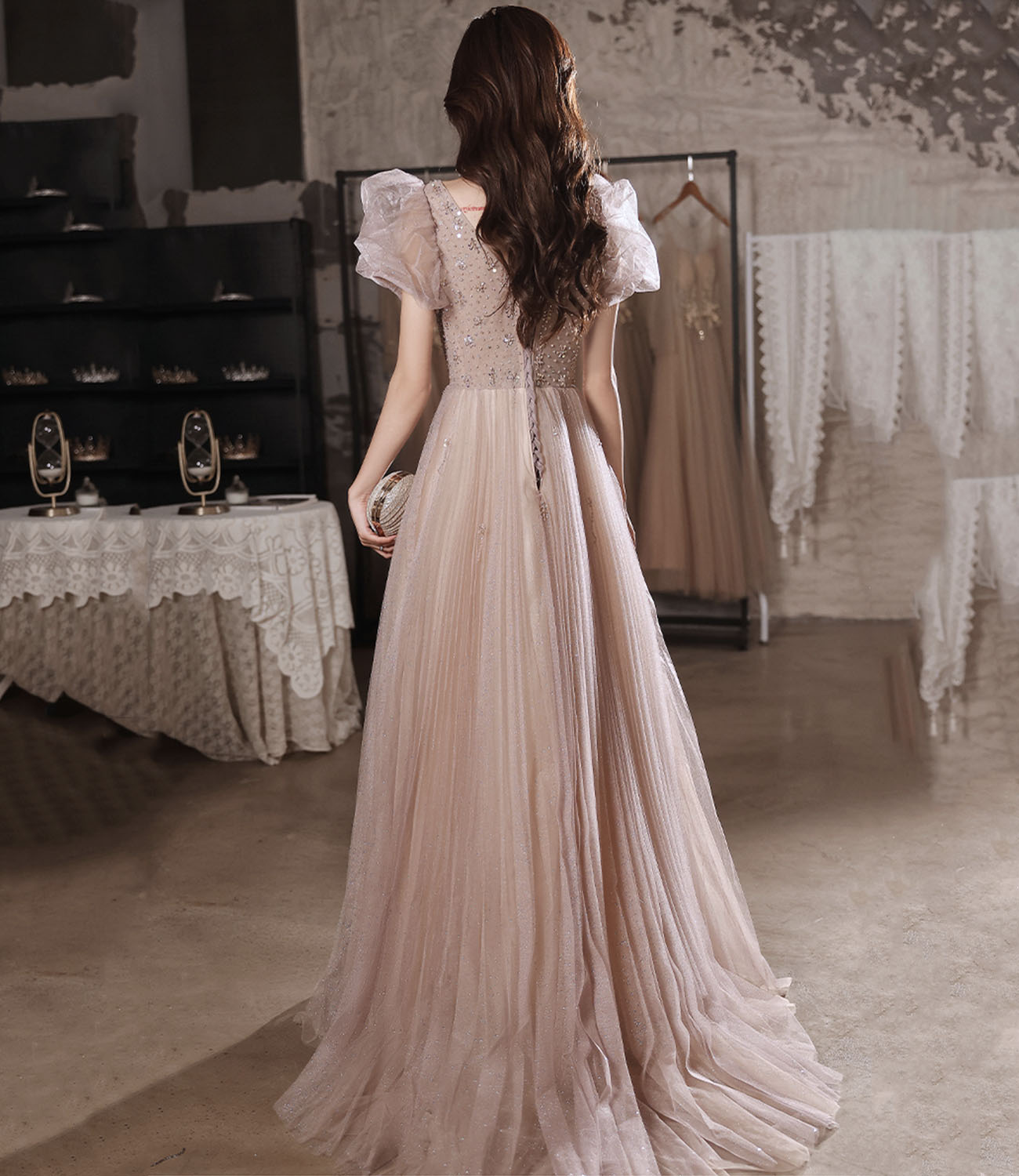 Pink tulle beads long prom dress A line evening dress  10320