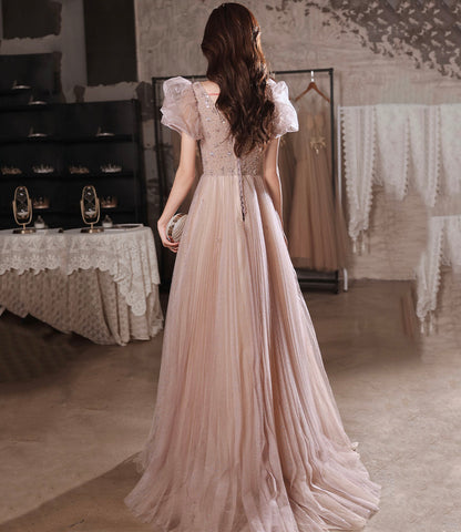 Pink tulle beads long prom dress A line evening dress  10320