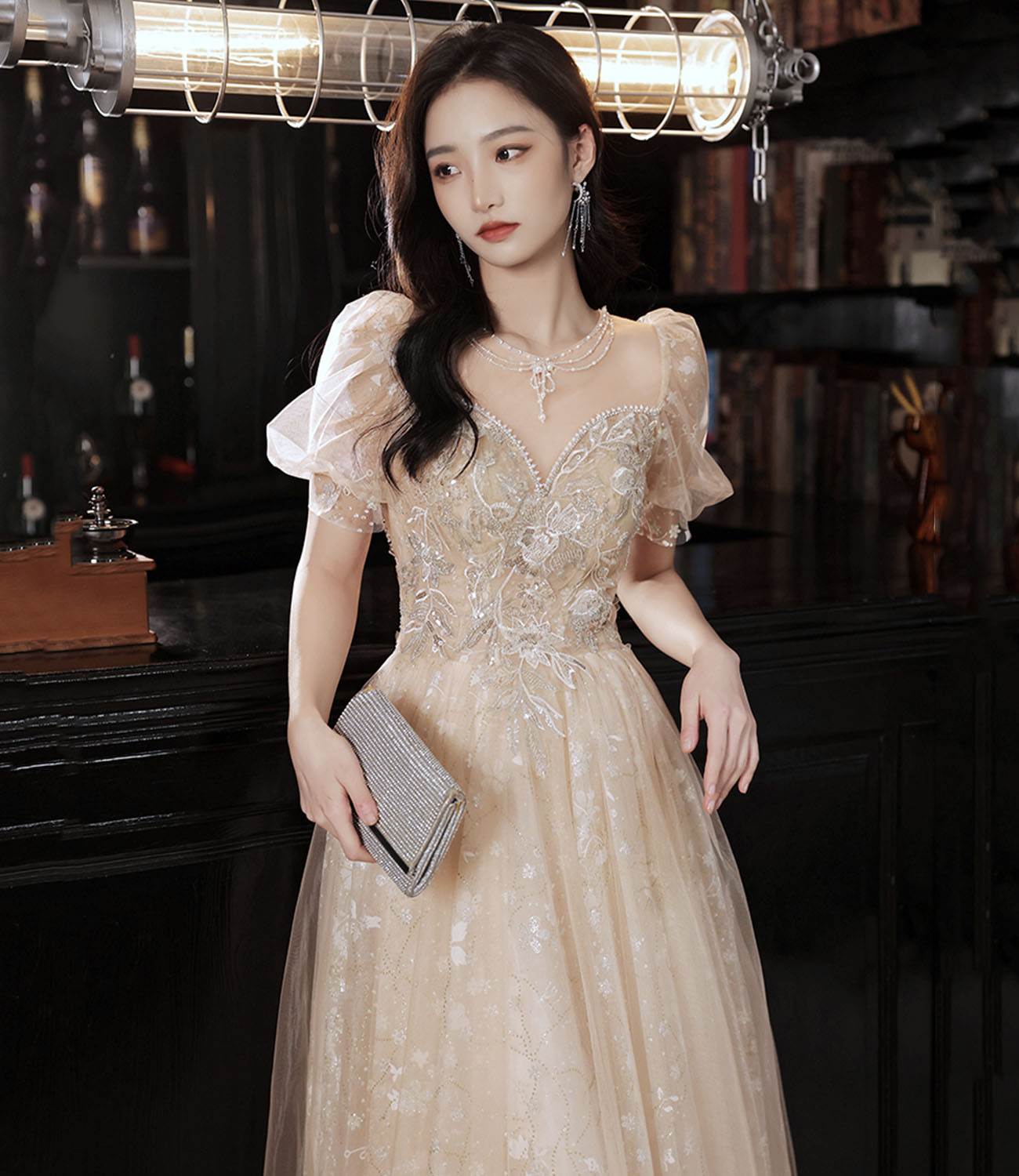 Champagne tulle sequins long prom dress evening dress  10325