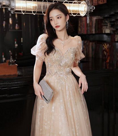 Champagne tulle sequins long prom dress evening dress  10325