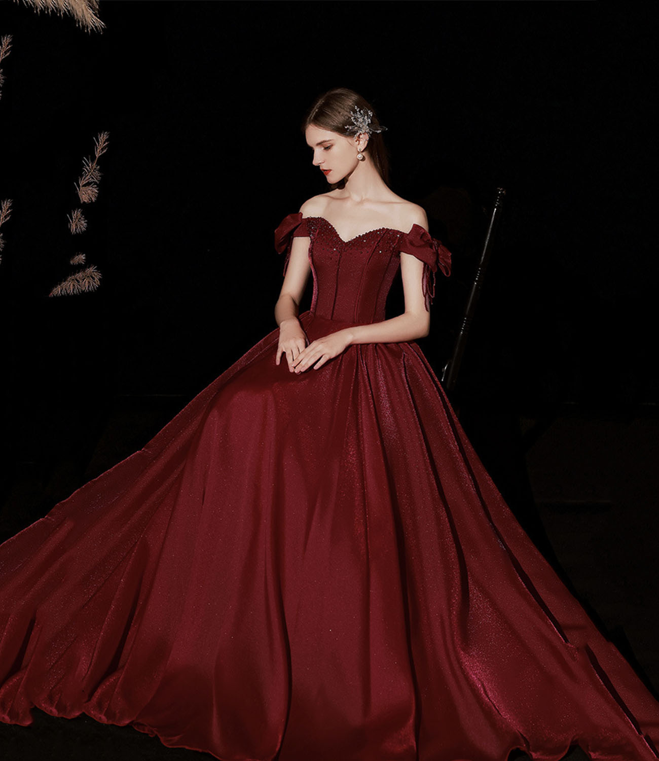 Burgundy satin long prom dress A line evening dress  10316