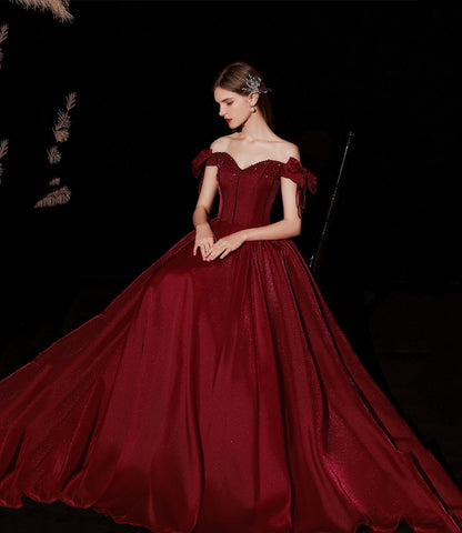 Burgundy satin long prom dress A line evening dress  10316