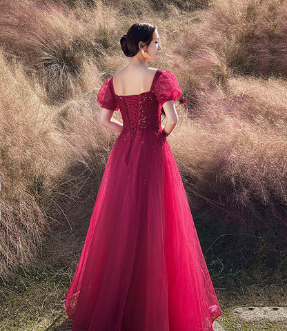 Red tulle beads long prom dress A line evening gown  10303