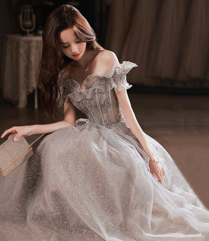 Gray tulle sequins long prom dress gray evening dress  10451