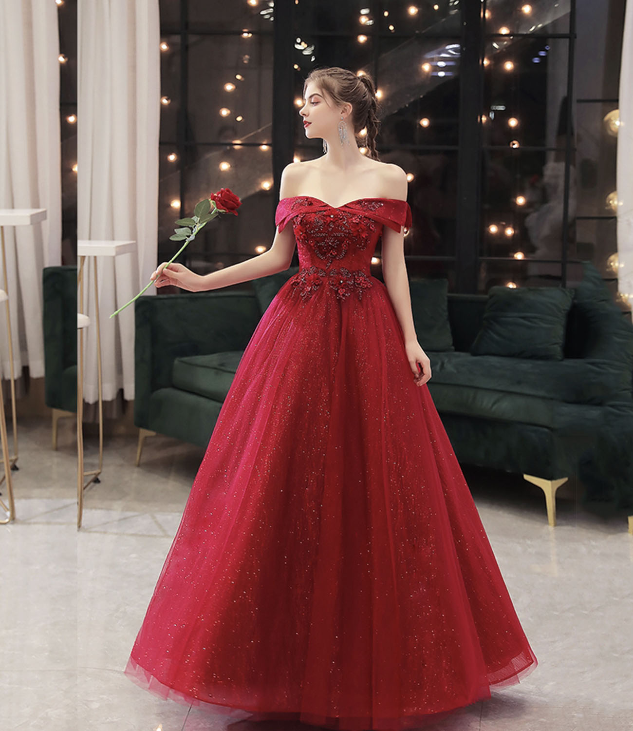 Burgundy tulle lace long prom dress A line evening gown  10323