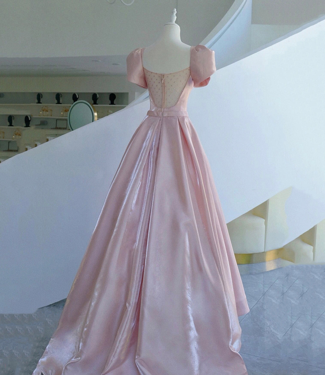 Pink satin long prom dress pink evening dress  10311