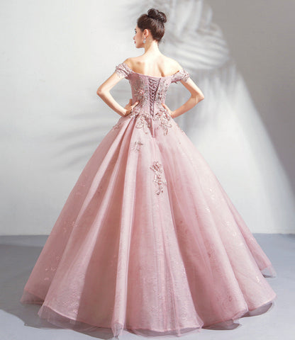 Pink tulle lace long prom dress A line evening gown  10359