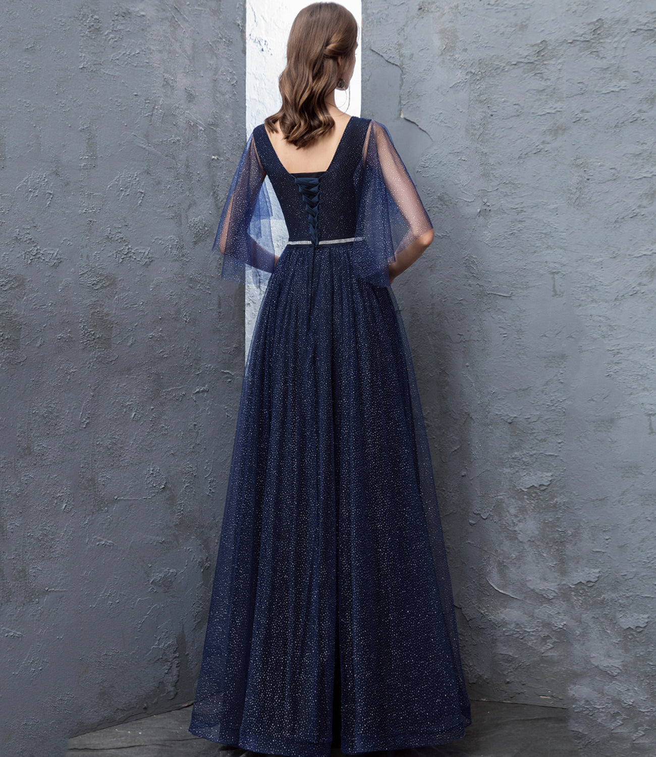 Blue tulle long prom dress A line evening dress  10377