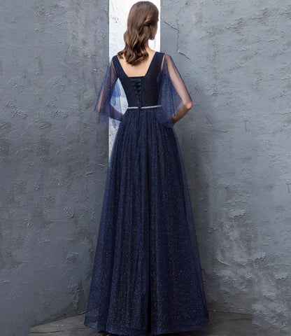 Blue tulle long prom dress A line evening dress  10377