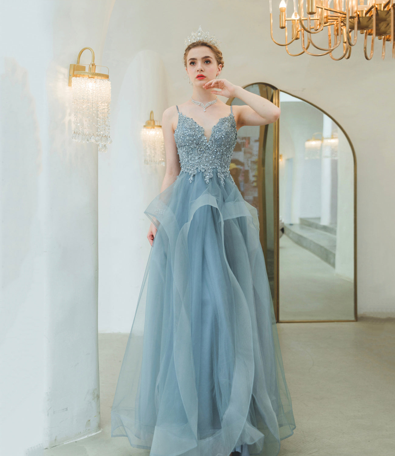 Blue tulle lace long prom dress blue evening gown  10241