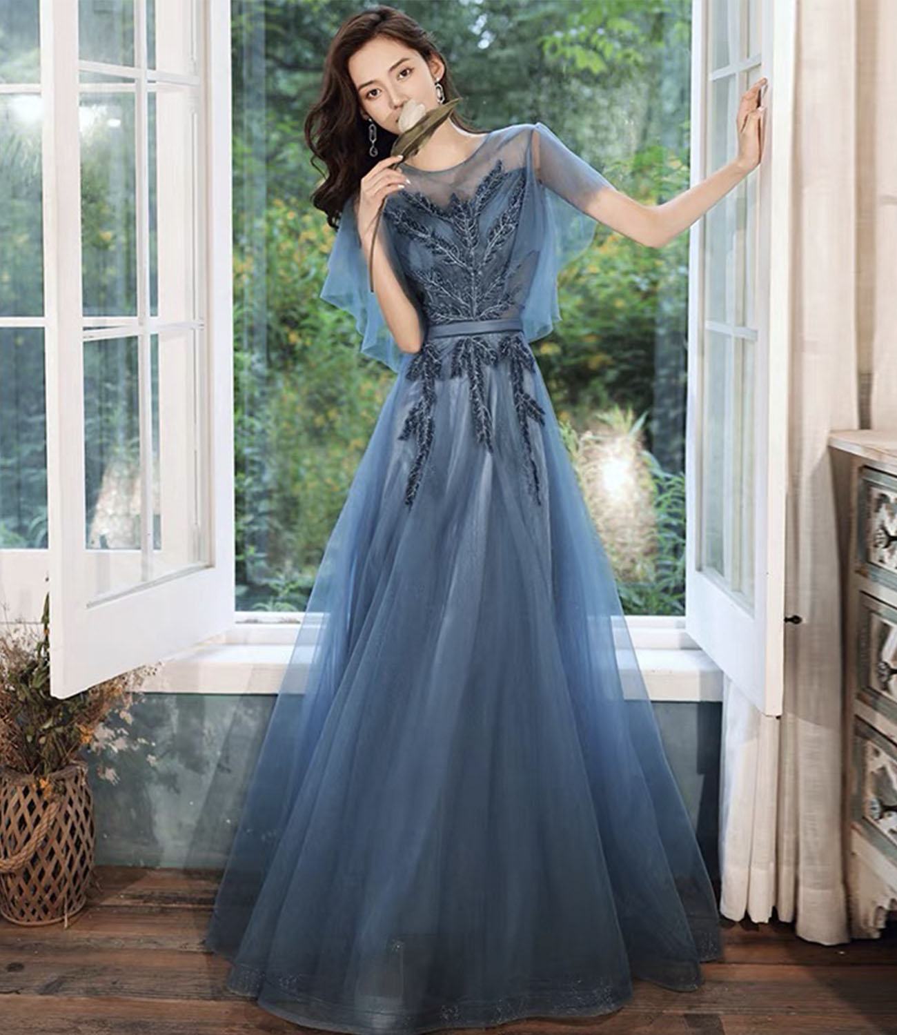 Blue tulle lace long prom dress blue evening gown  10286