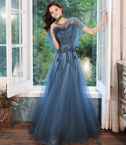Blue tulle lace long prom dress blue evening gown  10286