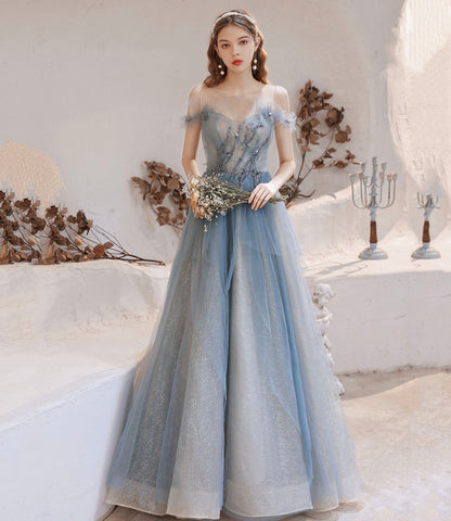 Blue tulle beads long prom dress blue evening dress  10283