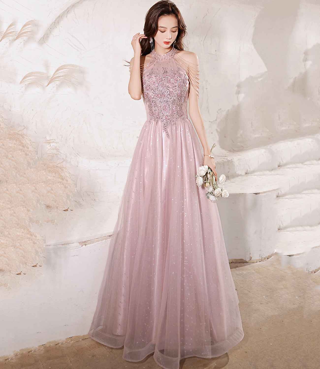 Pink tulle beads long prom dress A line evening gown  10299