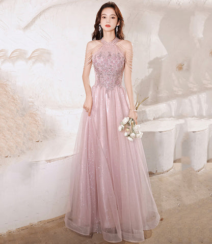 Pink tulle beads long prom dress A line evening gown  10299