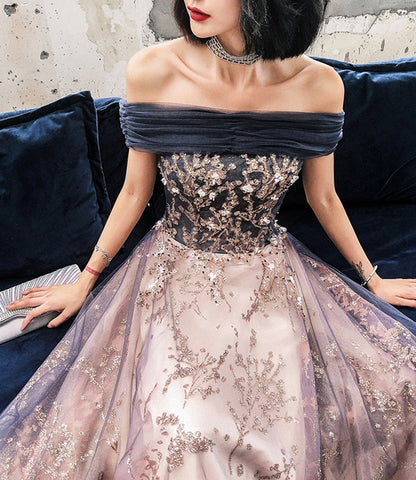 Blue tulle sequins long prom dress evening gown  10297