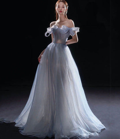 Blue tulle long A line prom dress blue evening dress  10291