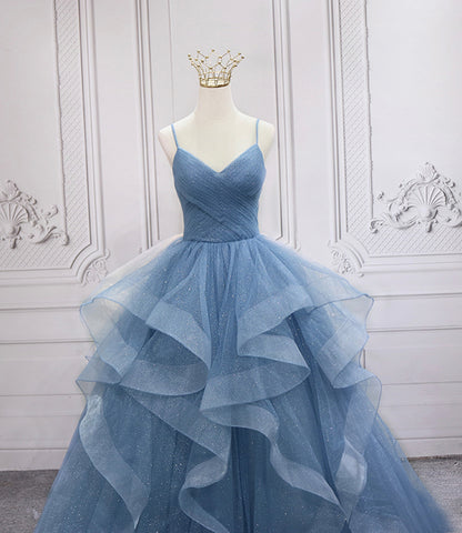 Blue tulle long prom dress blue evening gown  10248