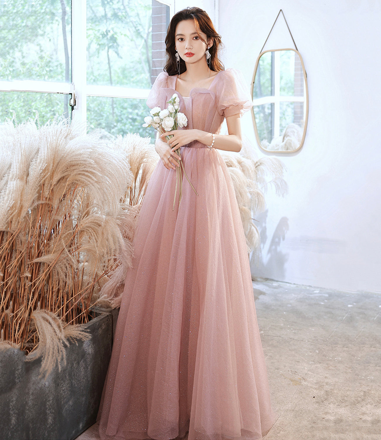 Pink tulle long prom dress pink evening gown  10258