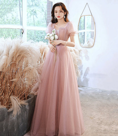 Pink tulle long prom dress pink evening gown  10258
